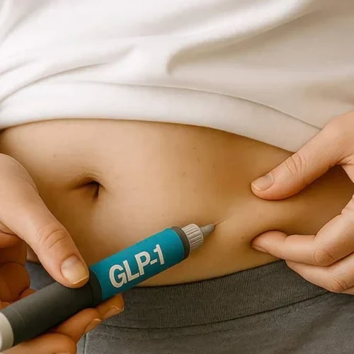 A person self-administering a GLP-1 injection pen into the abdomen