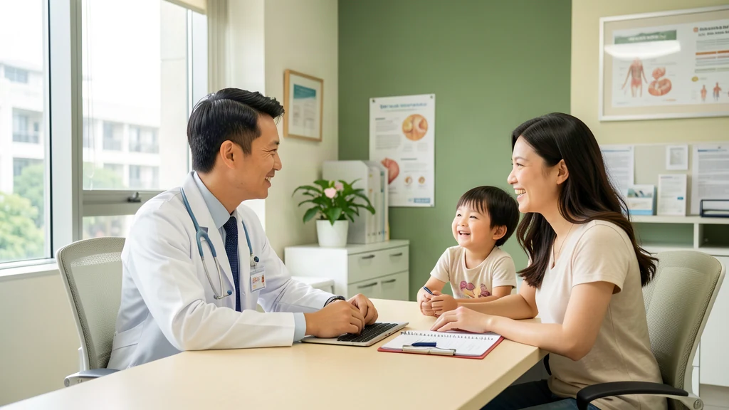 Family physician consulting with a young family in a bright clinic
